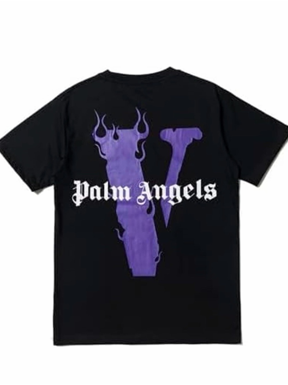 Palm Angels Black Short Sleeve Tee with Purple Flame 'V' Graphic